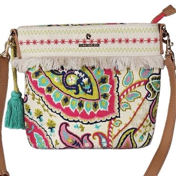 Spartina 449- Salt Meadow Boho Hipster Canvas Zip Top Tassel Crossbody Purse - Picture 2 of 12